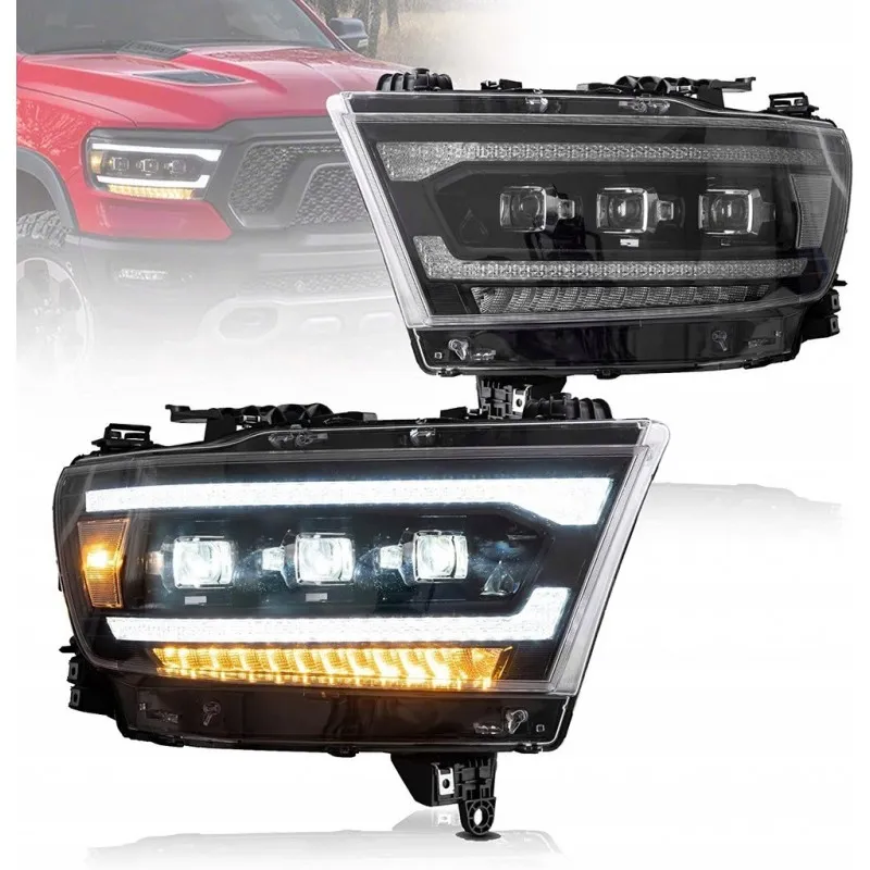 Sada LED světlometů VLAND Matrix s chromovanými rámečky čoček pro Dodge Ram 1500 2019-24