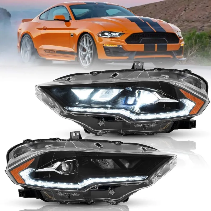 Ford Mustang 2018-2023, kompletní sada nových levých a pravých LED světlometů VLAND pro EU, žlutý obrysový prvek