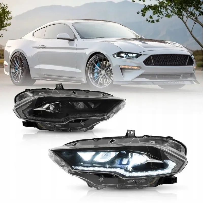 Ford Mustang 2018-2023, levý a pravý LED světlomet VLAND, kompletní sada pro EU, bílý obrysový prvek