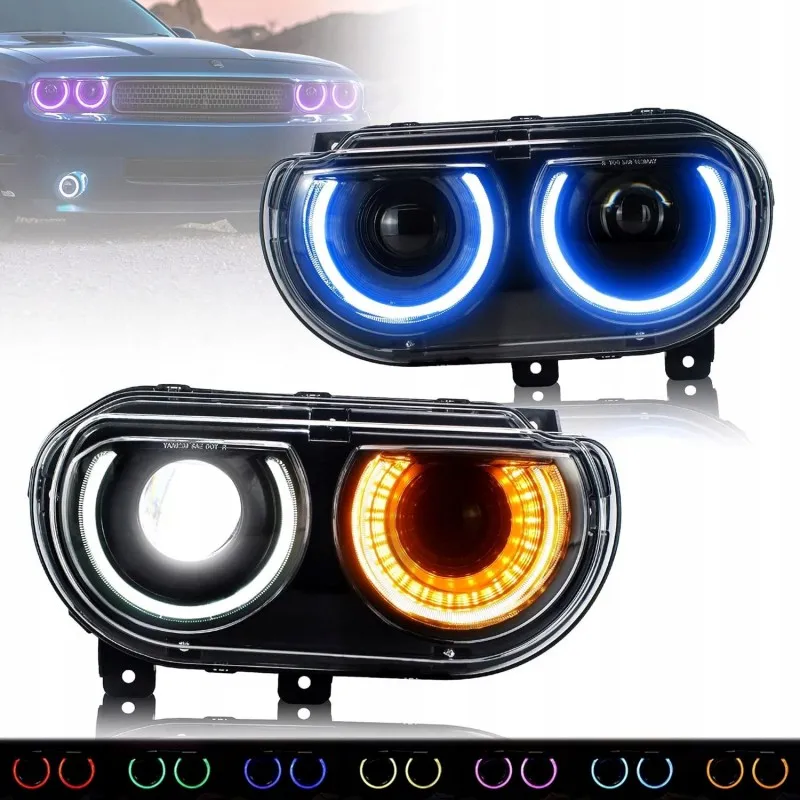 Dodge Challenger 2008–2014, kompletní sada levého a pravého světlometu VLAND LED RGB pro Evropu