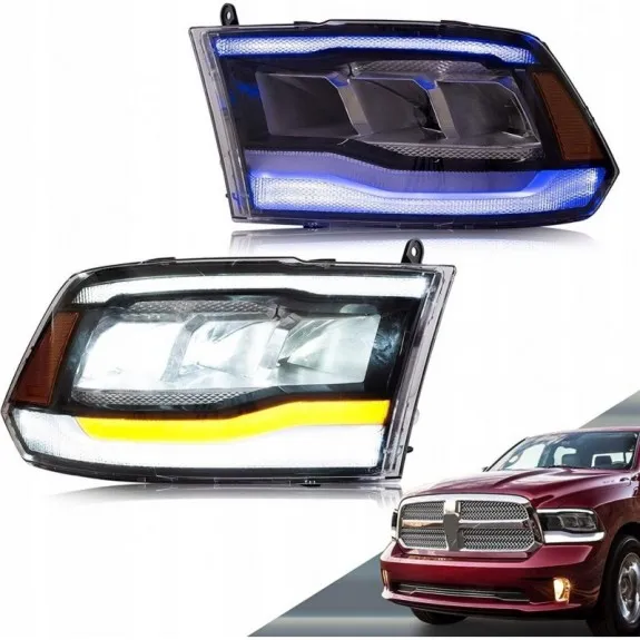 LED světlomety VLAND DRL BLUE, levý + pravý, černé, kompletní sada pro DODGE RAM 2009-2018