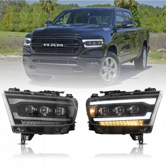 Sada předních LED světlometů VLAND MATRIX s černými rámečky čoček pro Dodge Ram 1500 2019-24