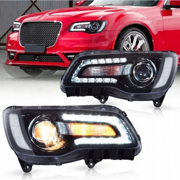 Sada černých předních světlometů VLAND s LED, levý a pravý kus, evropské provedení pro Chrysler 300C 300S 2011-2023