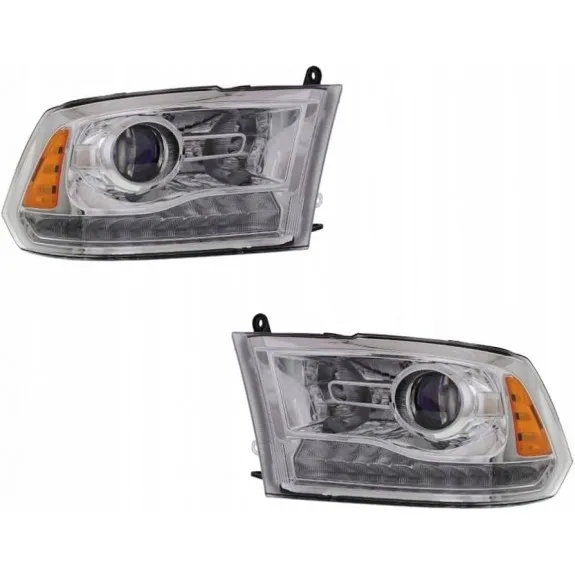 Sada čirých pravých a levých světlometů s čočkou a žlutými LED pro Dodge Ram 2013-2018, verze USA
